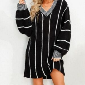 Trendy Black V-Neck Striped Mini Dress